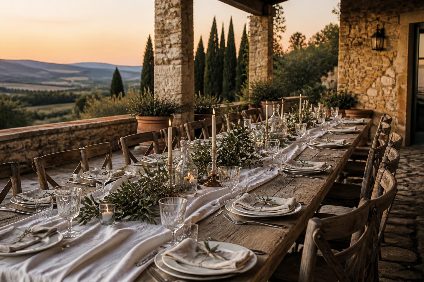 A long table set for dinner on a Tuscan terrace at dusk