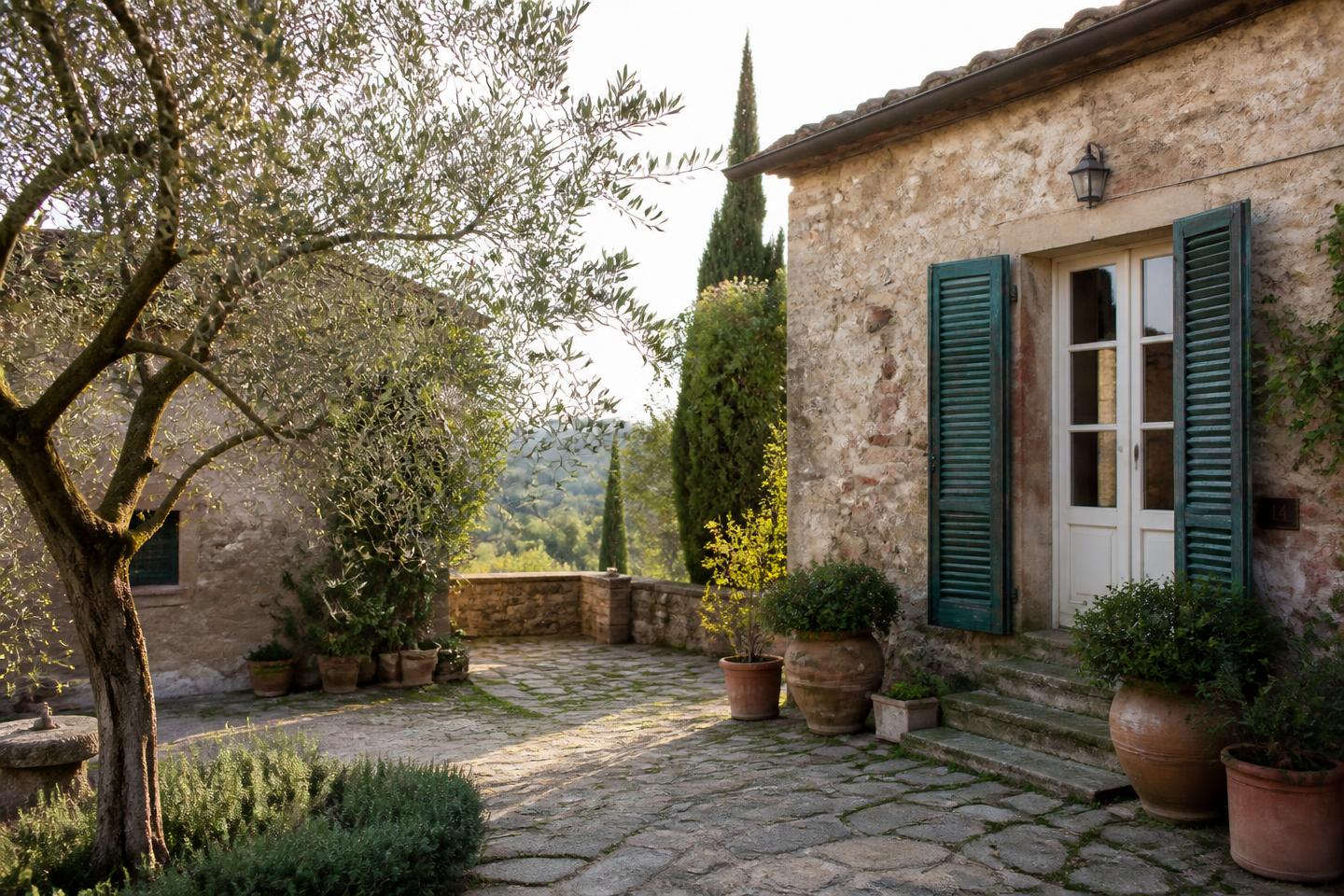 Stone villa courtyard in Tuscany with olive trees and terracotta pots